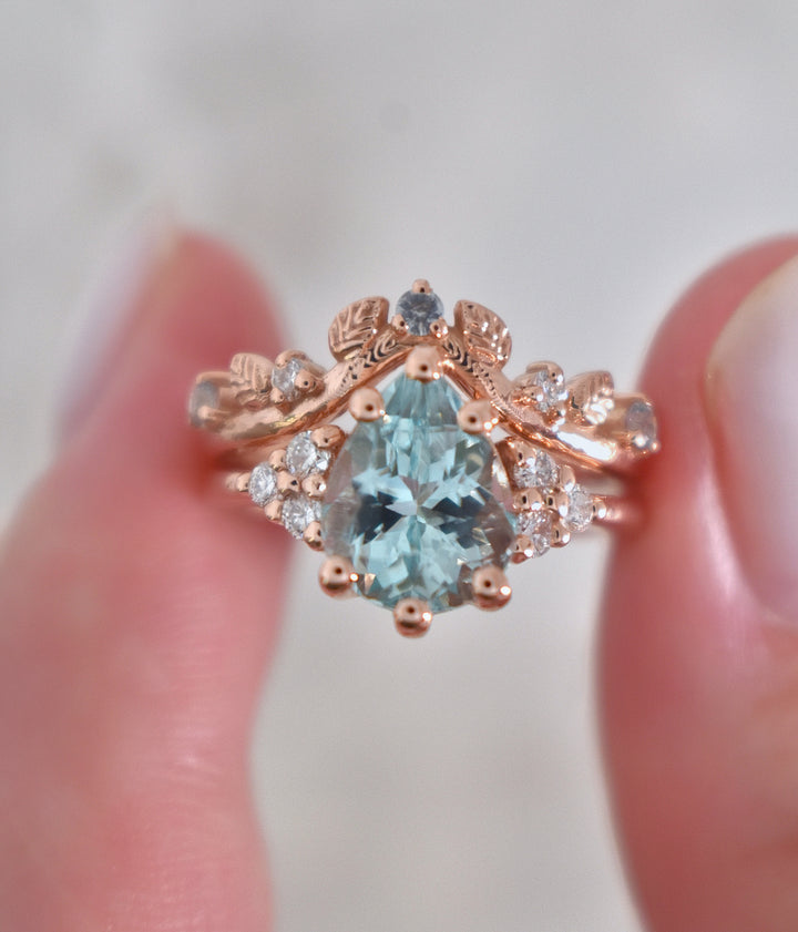 Aquamarine Engagement Ring w/ Leaf Wedding Band 14K Rose Gold