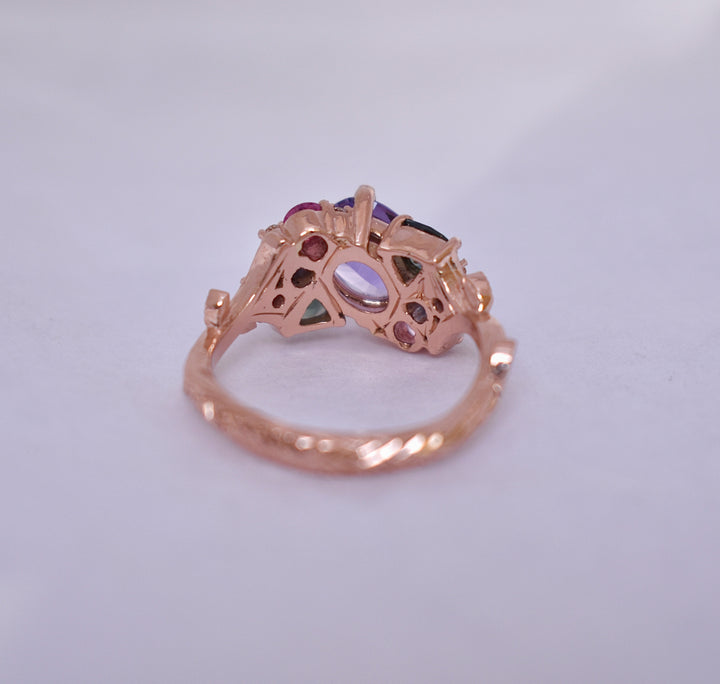 “Tara” Purple Sapphire Cluster Ring 14K Rose Gold,Tsavorite Garnet Ring,Floral Engagement Ring