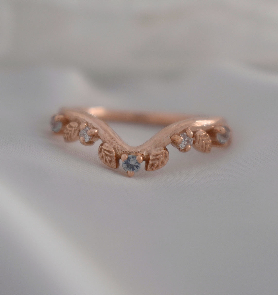 Aquamarine Engagement Ring w/ Leaf Wedding Band 14K Rose Gold