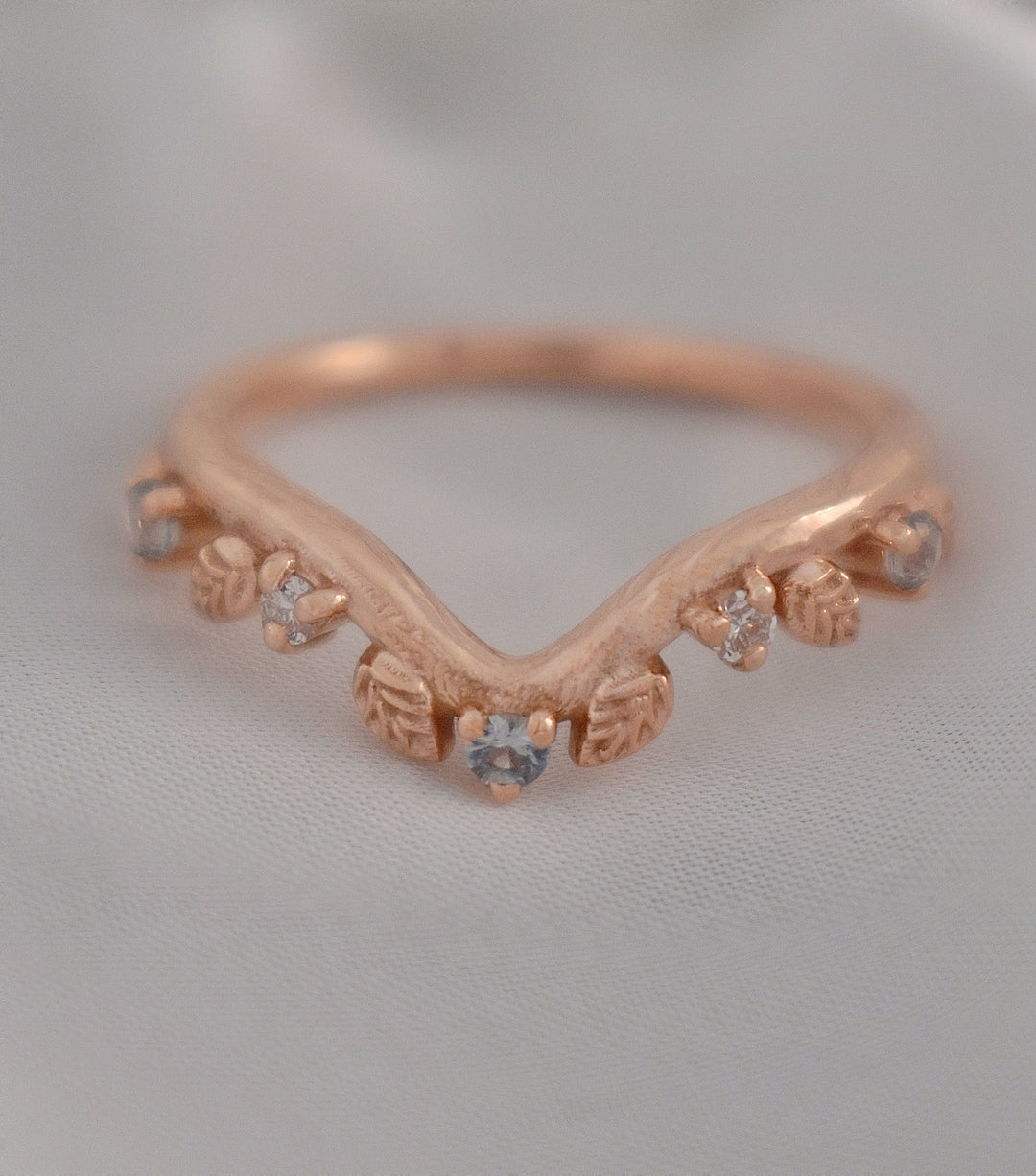 Aquamarine Engagement Ring w/ Leaf Wedding Band 14K Rose Gold