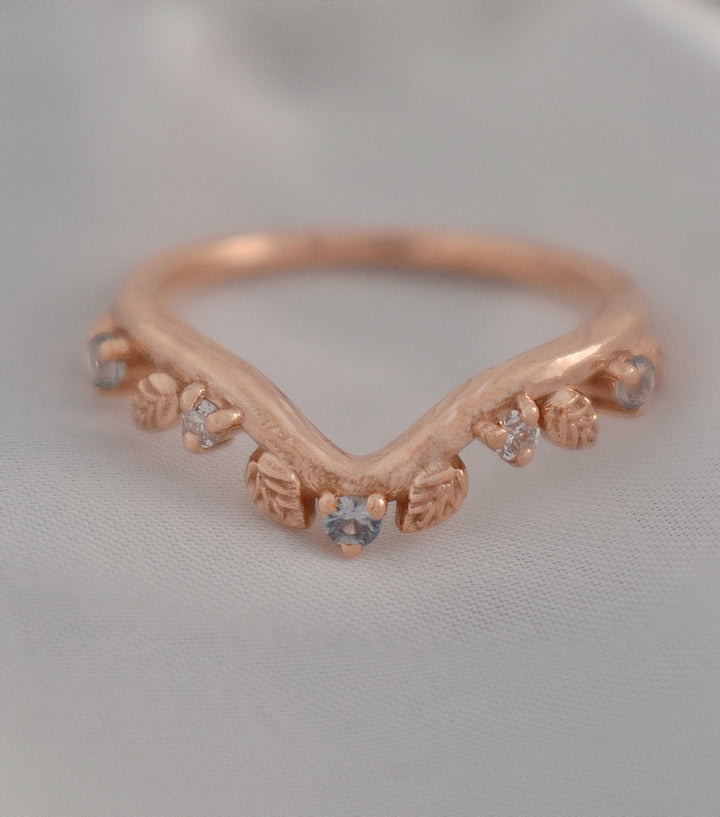 Aquamarine Engagement Ring w/ Leaf Wedding Band 14K Rose Gold