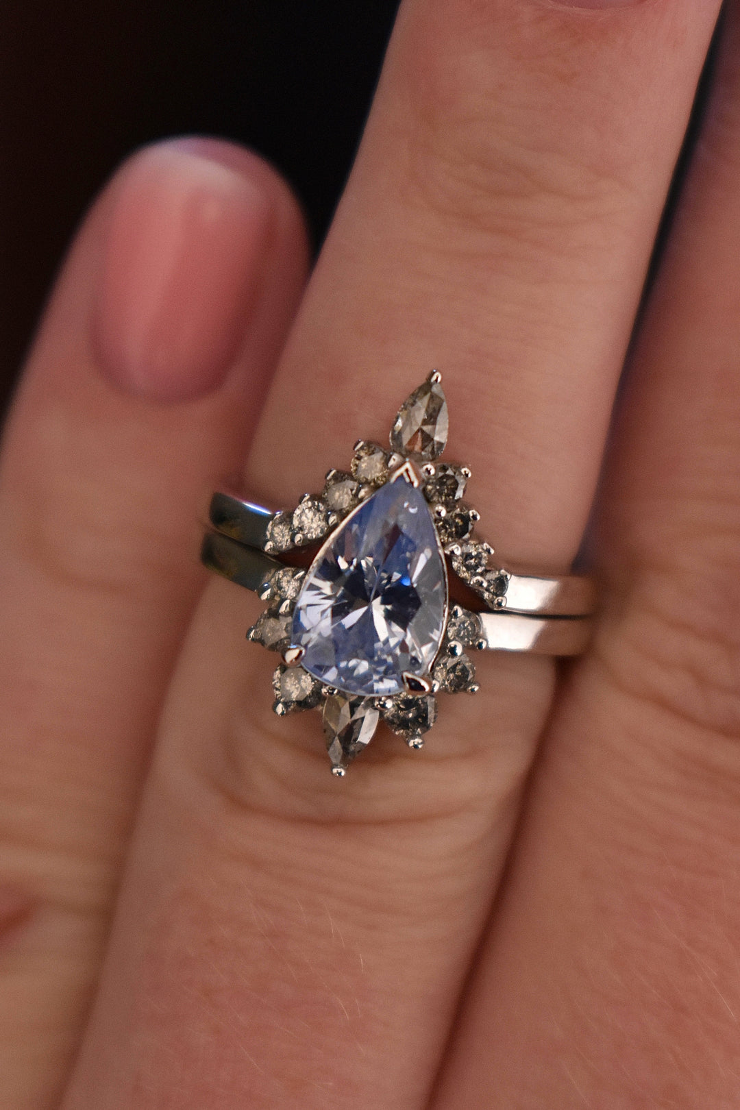 Pastel Blue Sapphire Ring w/ Salt&Pepper Diamonds 14K White Gold