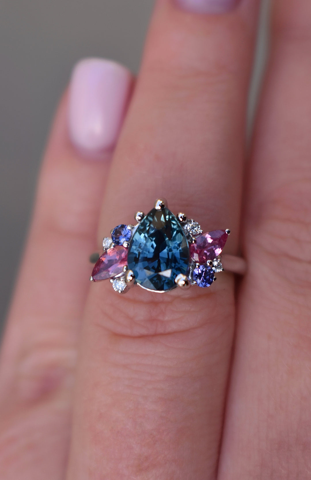 Cluster Engagement Ring w/ Pear Shape Teal Sapphire and Multi Stones 14K Gold