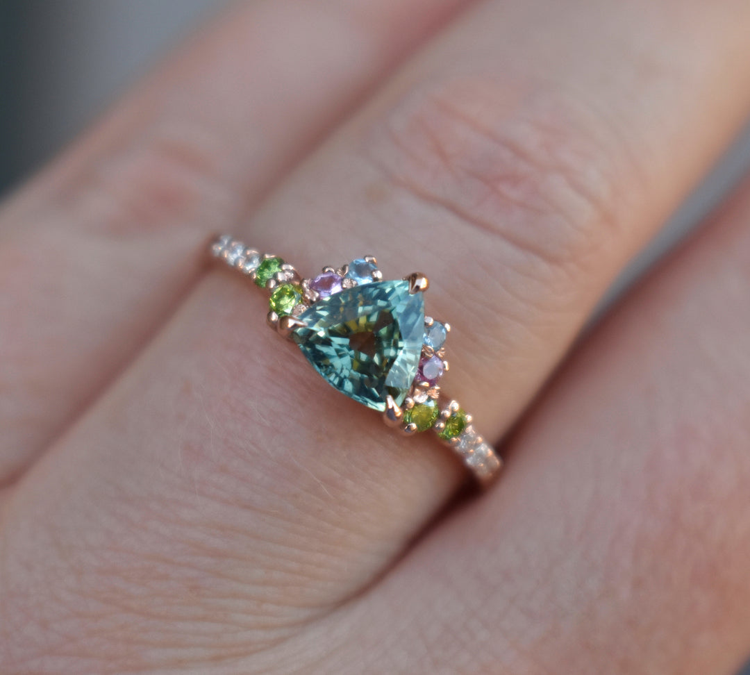 Trillion Parti Color Sapphire Cluster Engagement Ring w/ Apple Green Diamonds, Pink and Blue Sapphires 14K Rose Gold