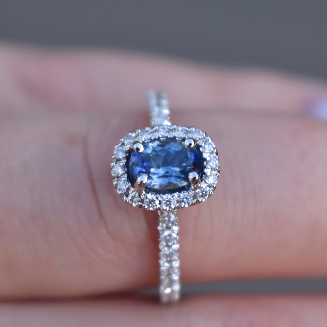 Oval Blue Sapphire and Diamond Halo Engagement Ring 14K Gold