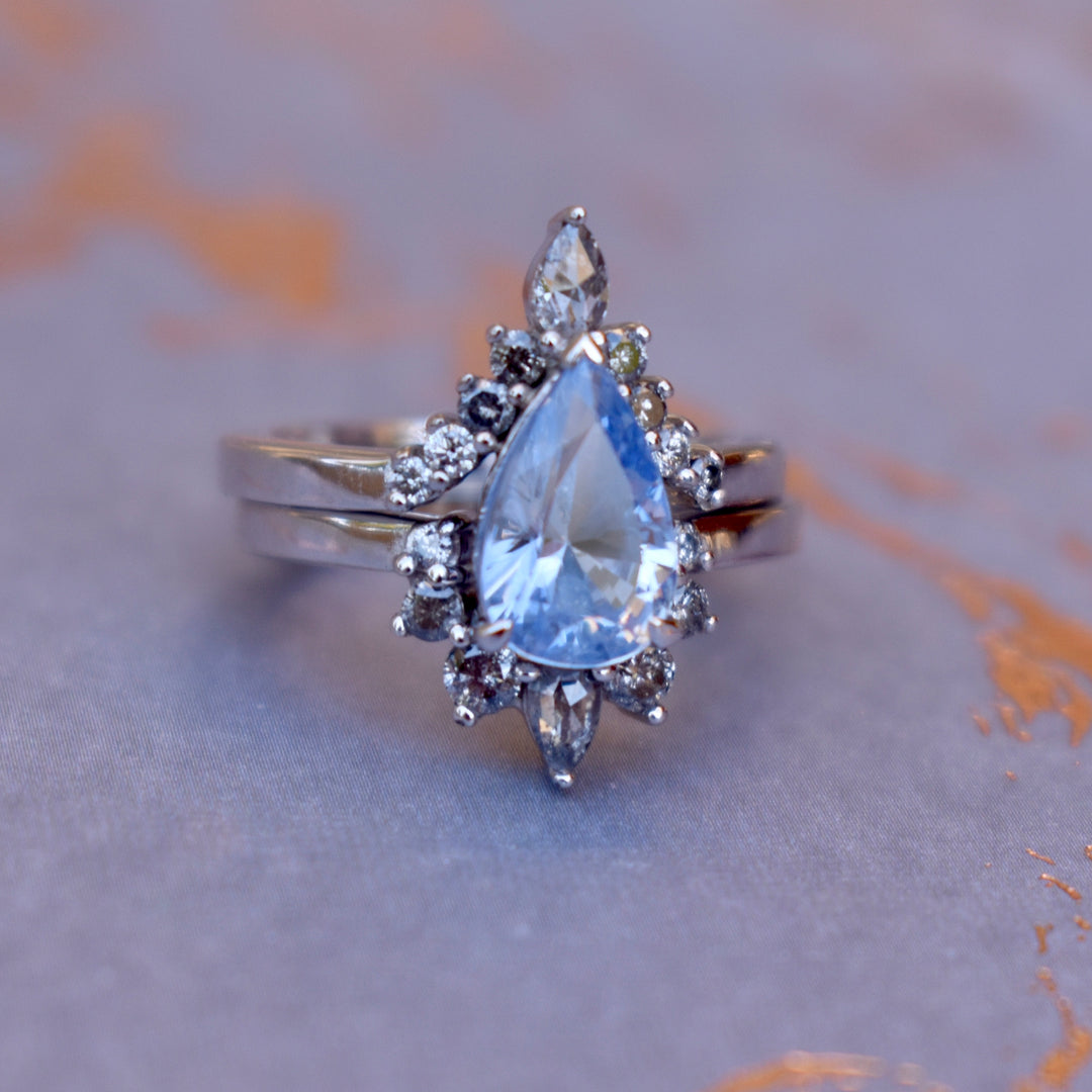 Pastel Blue Sapphire Ring w/ Salt&Pepper Diamonds 14K White Gold