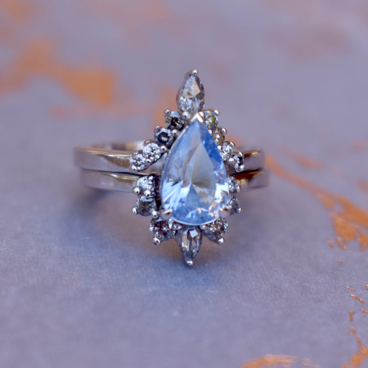 Pastel Blue Sapphire Ring w/ Salt&Pepper Diamonds 14K White Gold