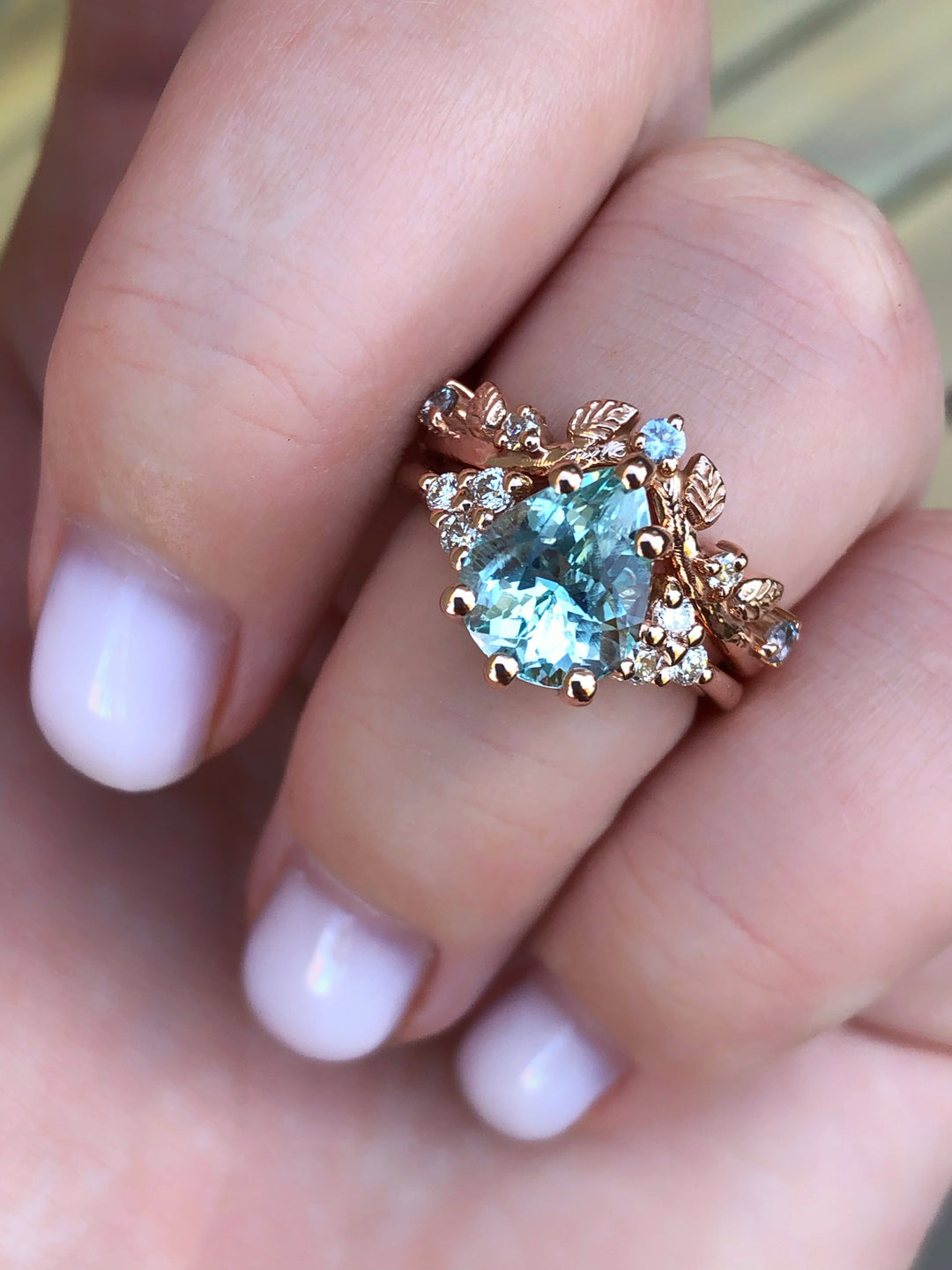 Aquamarine Engagement Ring w/ Leaf Wedding Band 14K Rose Gold