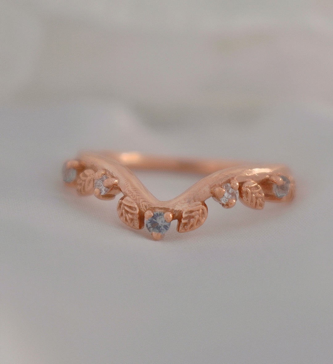 Aquamarine Engagement Ring w/ Leaf Wedding Band 14K Rose Gold