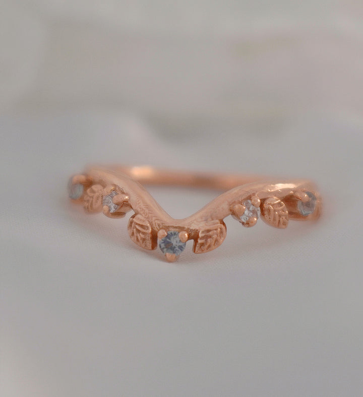 Aquamarine Engagement Ring w/ Leaf Wedding Band 14K Rose Gold