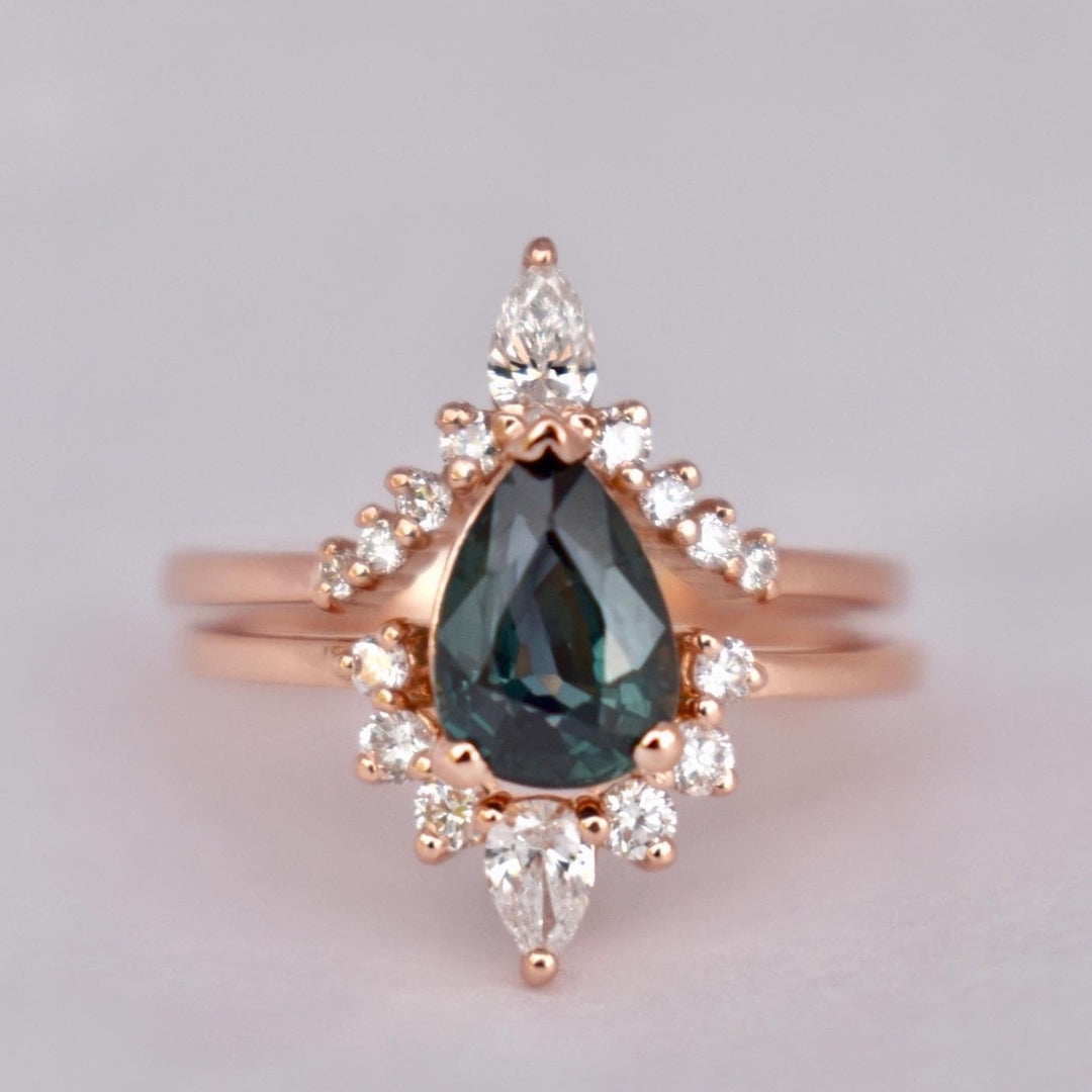 Teal Sapphire and Diamond Engagement Ring Set, Pear Shape Sapphire Nesting Ring