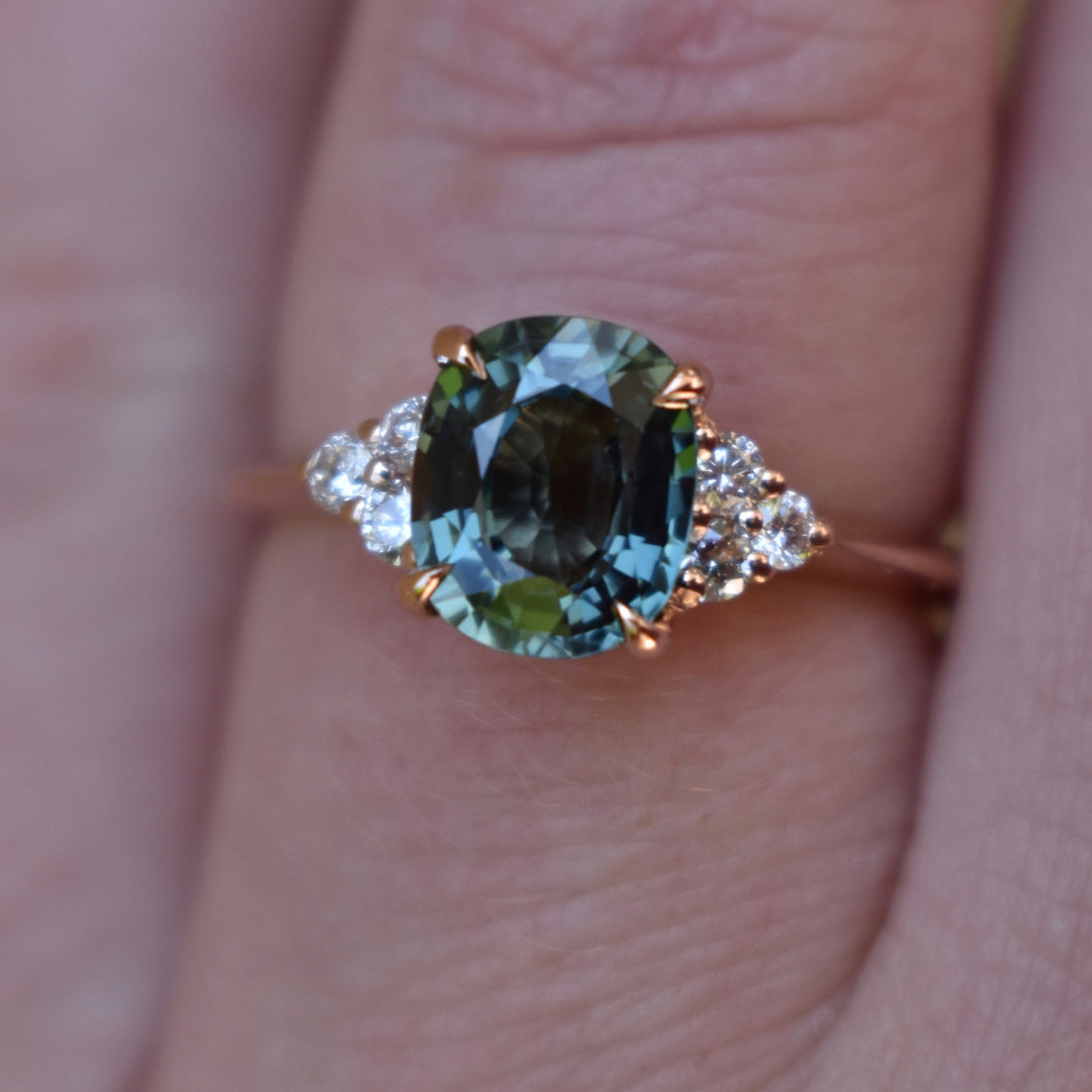 2 ct Oval Teal Sapphire and Diamond Engagement Ring 14K Rose Gold, Blue Green Sapphire Ring