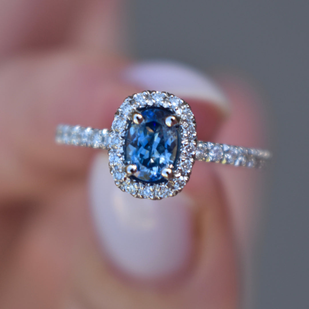 Oval Blue Sapphire and Diamond Halo Engagement Ring 14K Gold