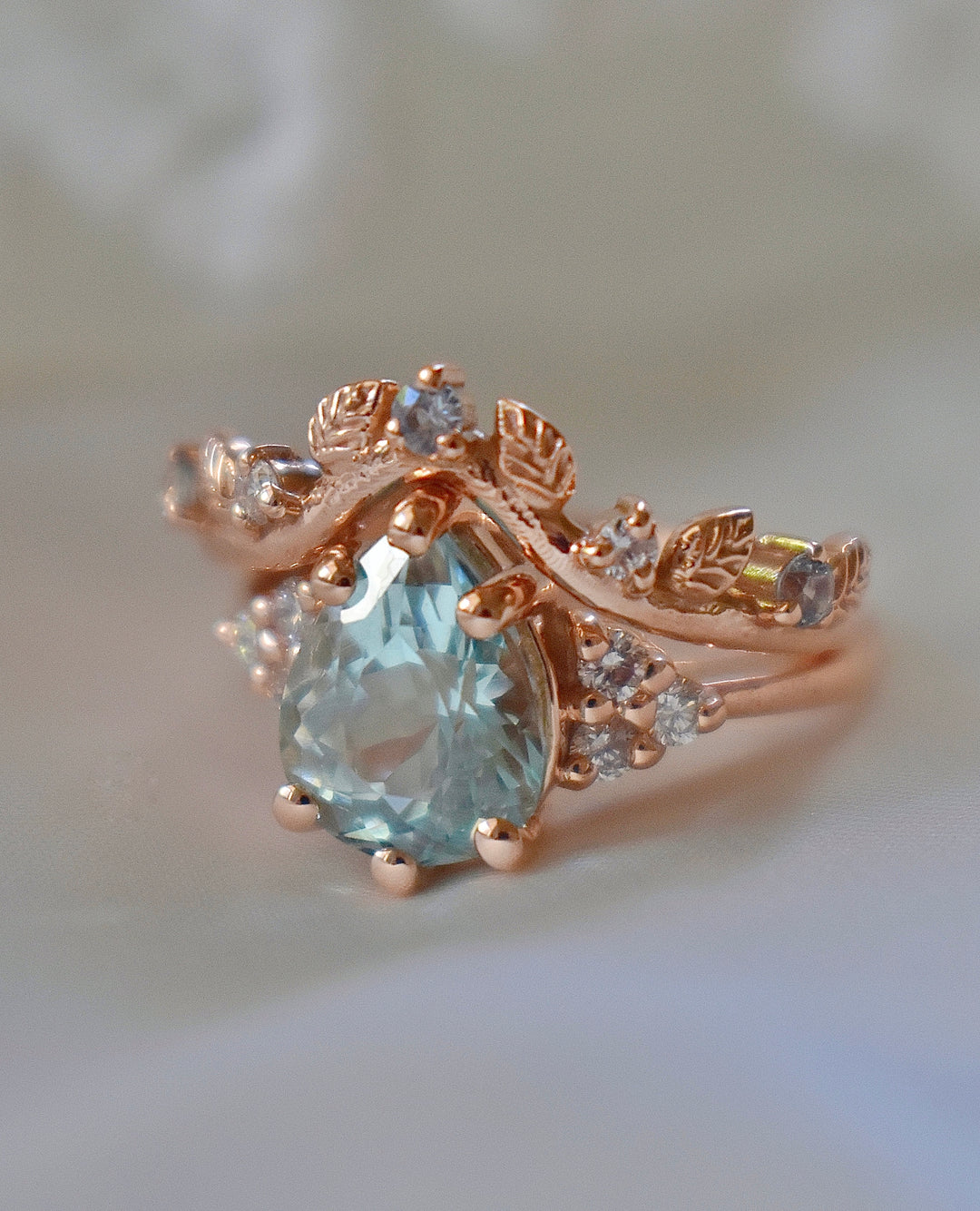 Aquamarine Engagement Ring w/ Leaf Wedding Band 14K Rose Gold