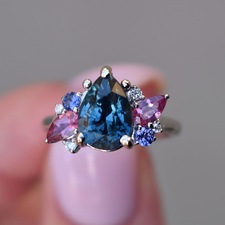 Cluster Engagement Ring w/ Pear Shape Teal Sapphire and Multi Stones 14K Gold