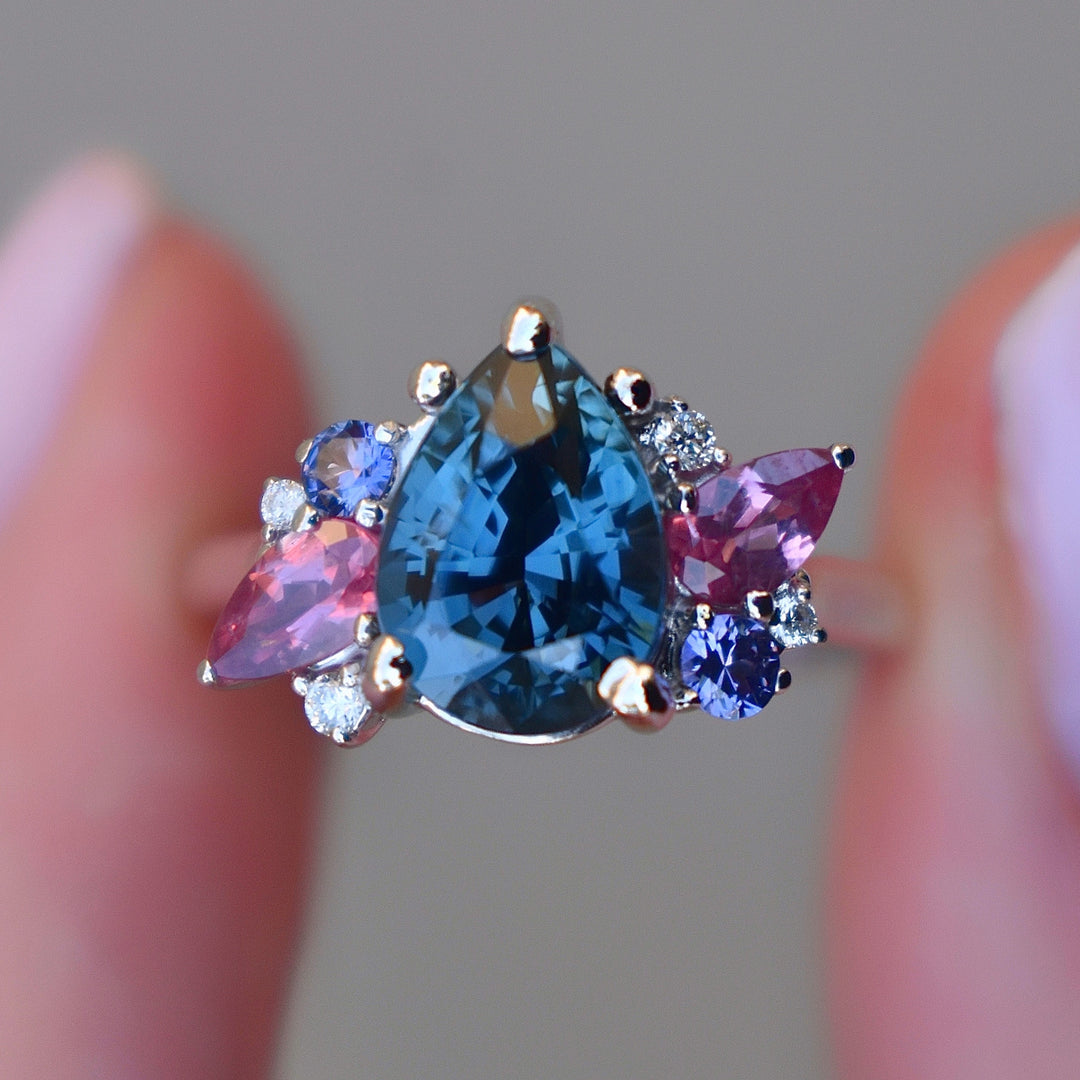 Cluster Engagement Ring w/ Pear Shape Teal Sapphire and Multi