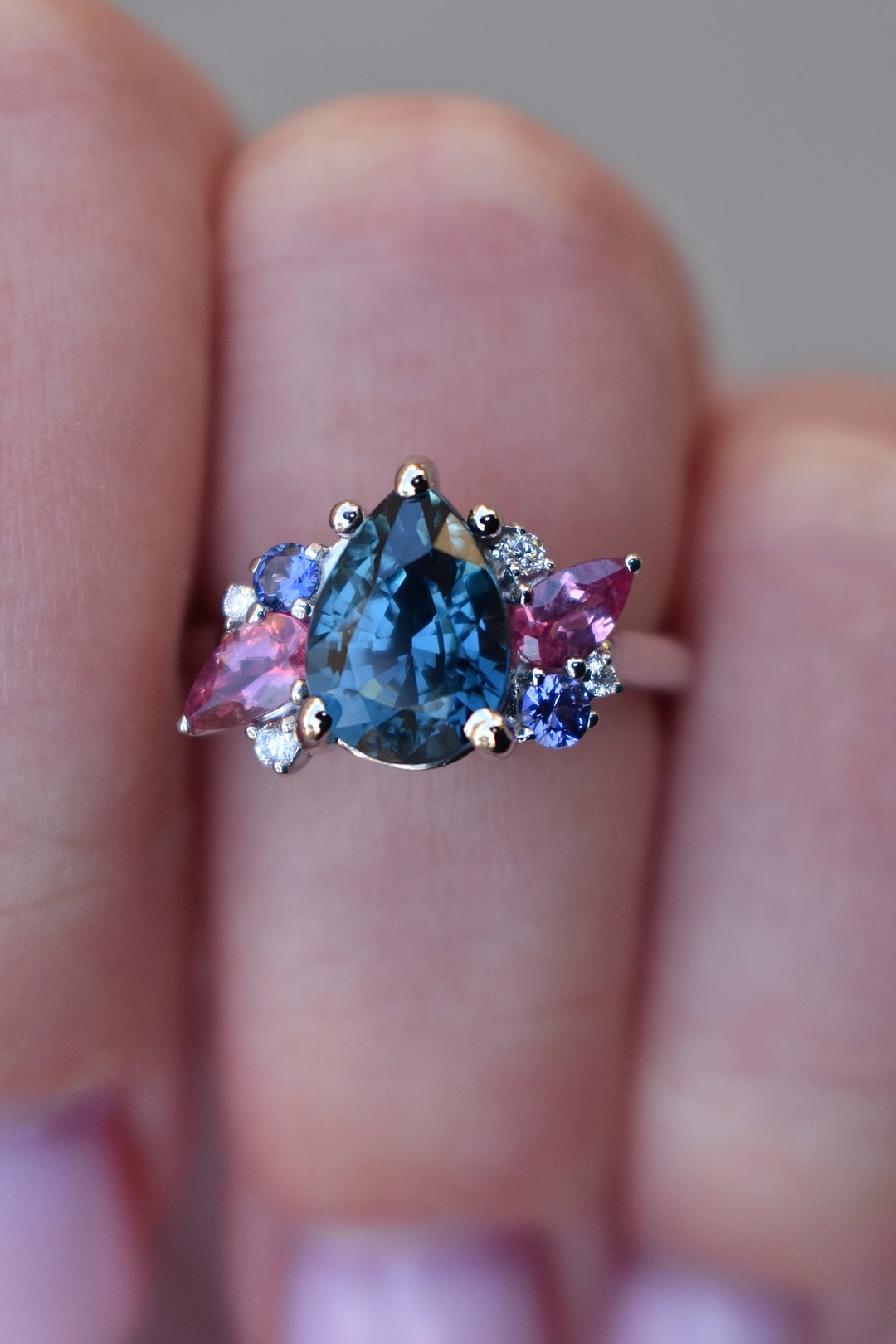 Cluster Engagement Ring w/ Pear Shape Teal Sapphire and Multi Stones 14K Gold