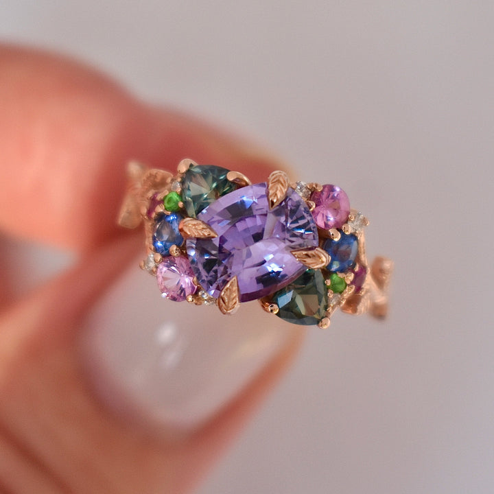 “Tara” Nature Inspired Cluster Engagement Ring with Purple Sapphire and Gemstones 14K Rose Gold, Multi Stone Ring