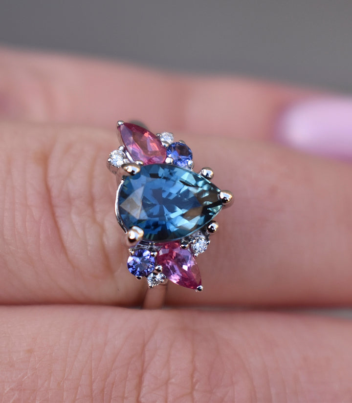 Cluster Engagement Ring w/ Pear Shape Teal Sapphire and Multi Stones 14K Gold