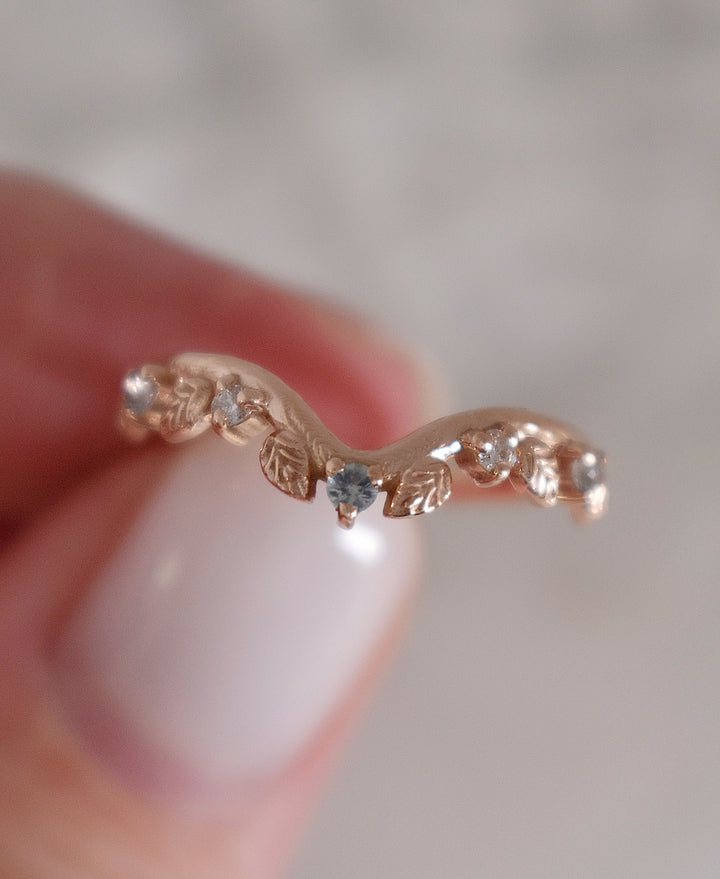 Aquamarine Engagement Ring w/ Leaf Wedding Band 14K Rose Gold