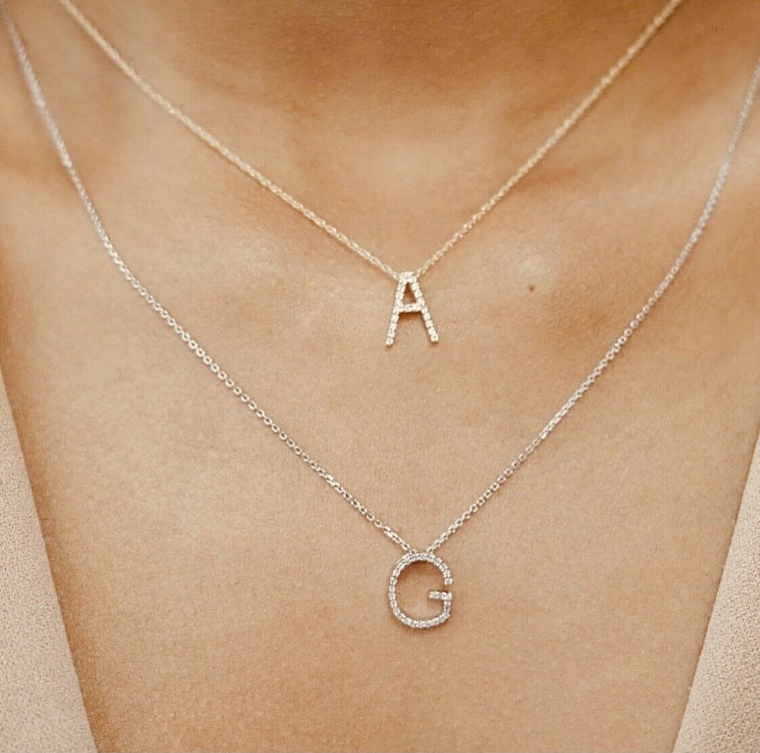 Initial Pendant Necklace w/ Diamonds 14K Solid Gold Personalized Letter Necklace