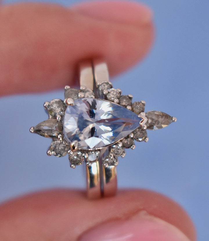 Pastel Blue Sapphire Ring w/ Salt&Pepper Diamonds 14K White Gold