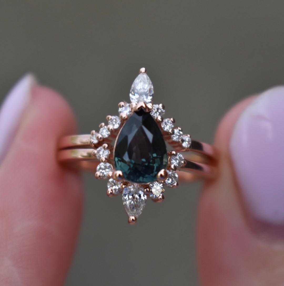 Teal Sapphire and Diamond Engagement Ring Set, Pear Shape Sapphire Nesting Ring