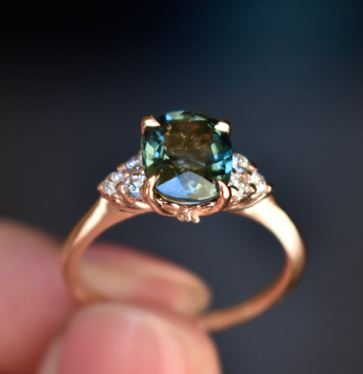 2 ct Oval Teal Sapphire and Diamond Engagement Ring 14K Rose Gold, Blue Green Sapphire Ring