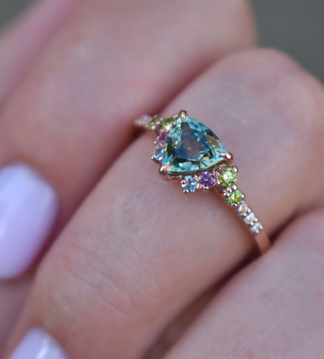 Trillion Parti Color Sapphire Cluster Engagement Ring w/ Apple Green Diamonds, Pink and Blue Sapphires 14K Rose Gold