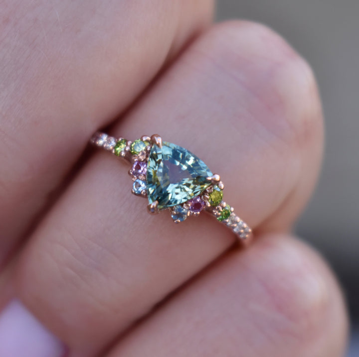 Trillion Parti Color Sapphire Cluster Engagement Ring w/ Apple Green Diamonds, Pink and Blue Sapphires 14K Rose Gold