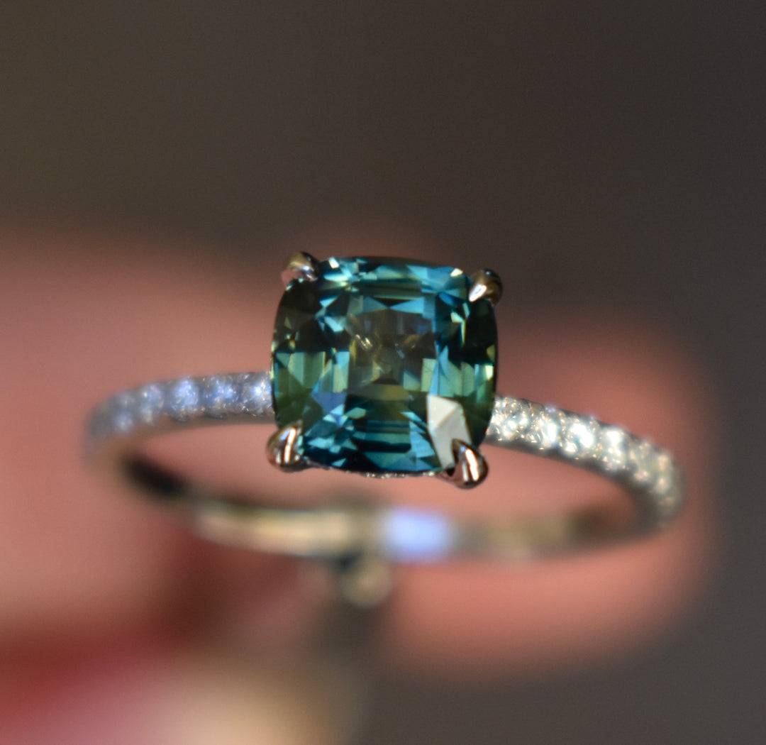 Teal Green Sapphire Engagement Ring 14K Gold, Hidden Halo Diamond and Sapphire Ring