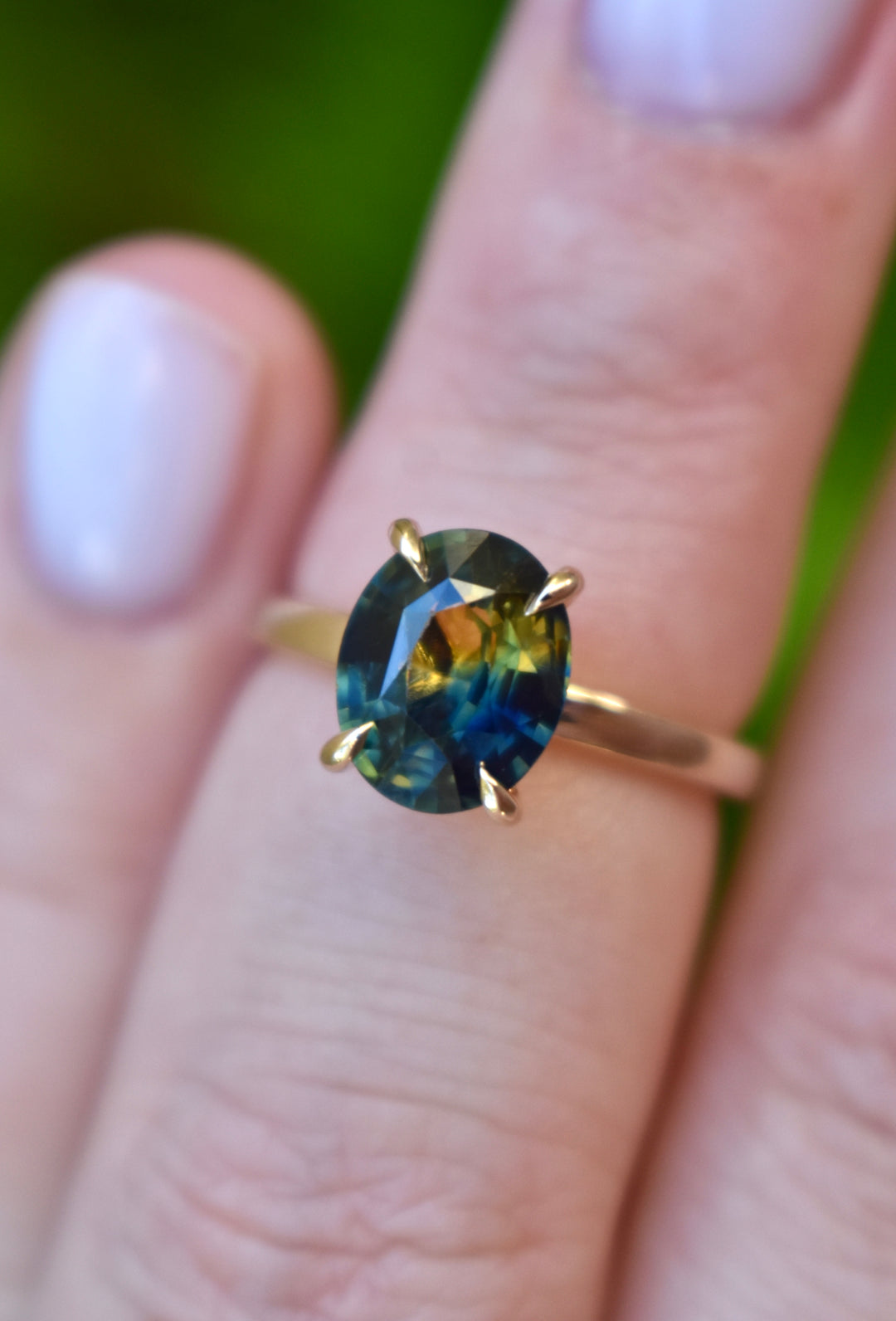 Parti Sapphire Solitaire Engagement Ring 14K Gold, Bi Color Oval Sapphire Ring 14K Gold