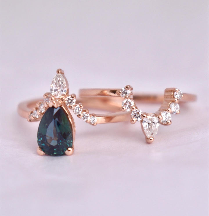 Teal Sapphire and Diamond Engagement Ring Set, Pear Shape Sapphire Nesting Ring