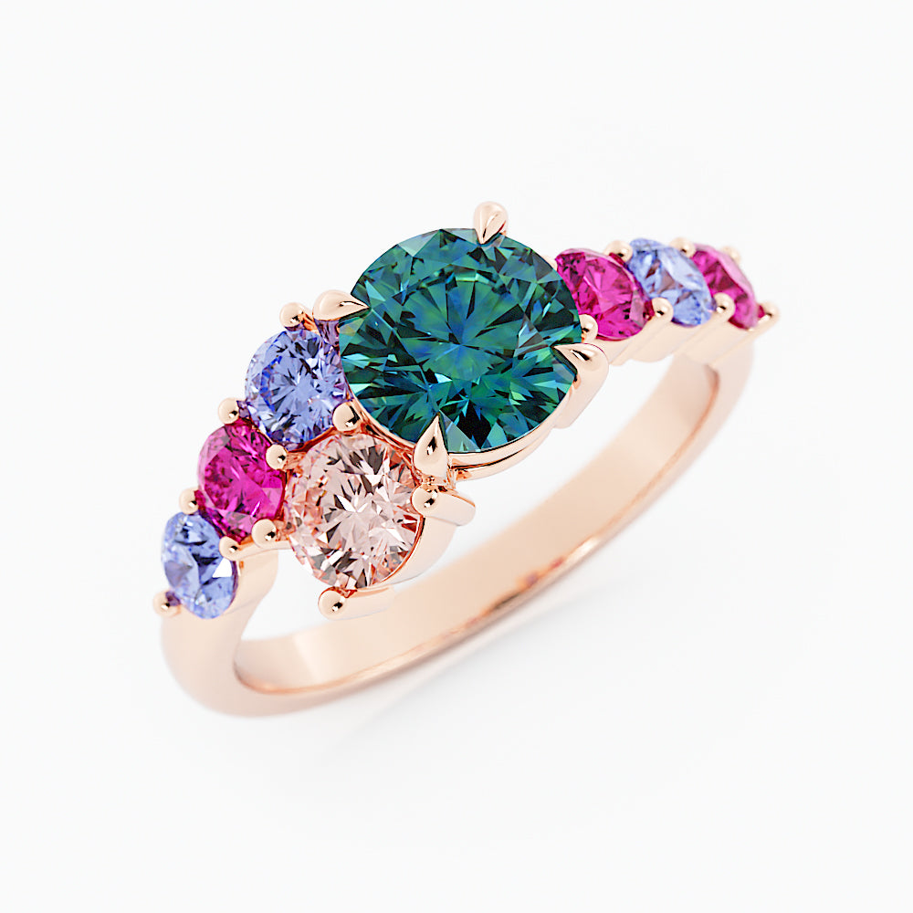 Teal Sapphire Cluster Engagement Ring 14K Rose Gold