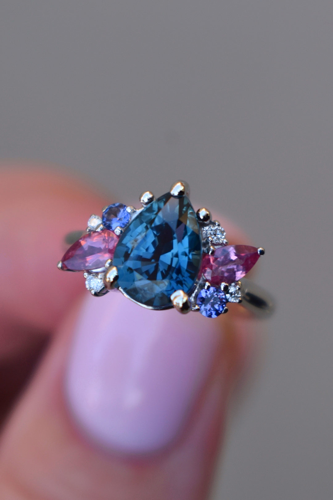 Cluster Engagement Ring w/ Pear Shape Teal Sapphire and Multi Stones 14K Gold