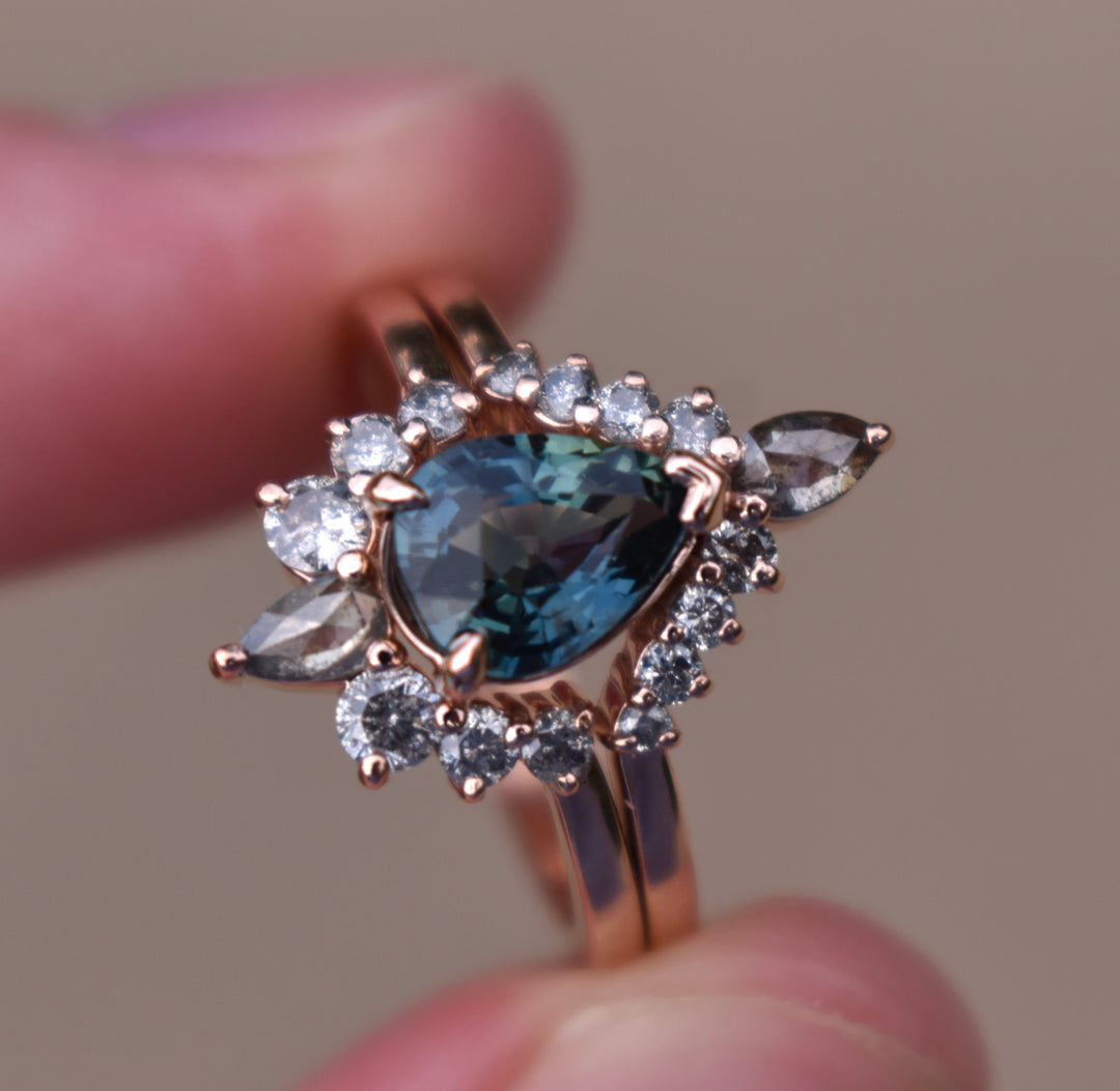 Teal Sapphire Engagement Ring Set w/ Salt&Pepper Diamonds Pear Shape 14K Rose Gold