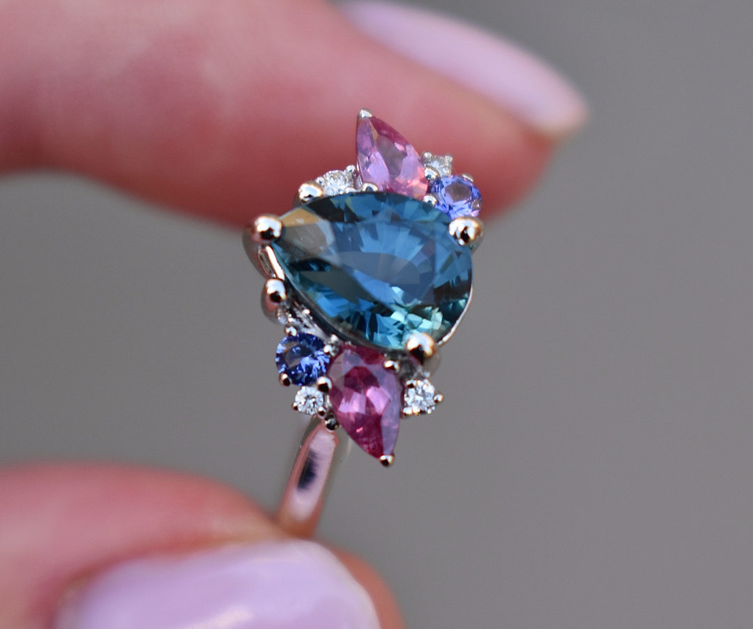 Cluster Engagement Ring w/ Pear Shape Teal Sapphire and Multi Stones 14K Gold