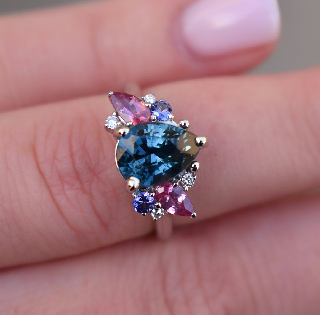 Cluster Engagement Ring w/ Pear Shape Teal Sapphire and Multi Stones 14K Gold