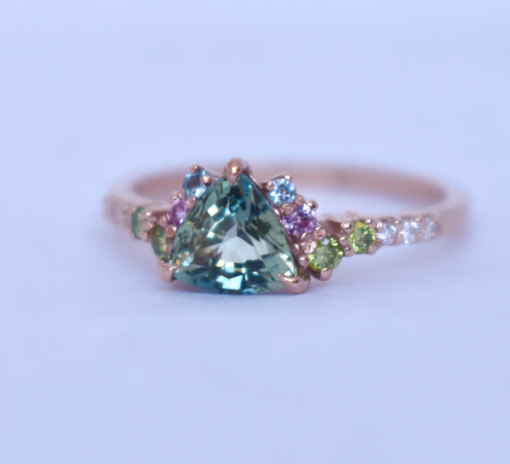 Trillion Parti Color Sapphire Cluster Engagement Ring w/ Apple Green Diamonds, Pink and Blue Sapphires 14K Rose Gold