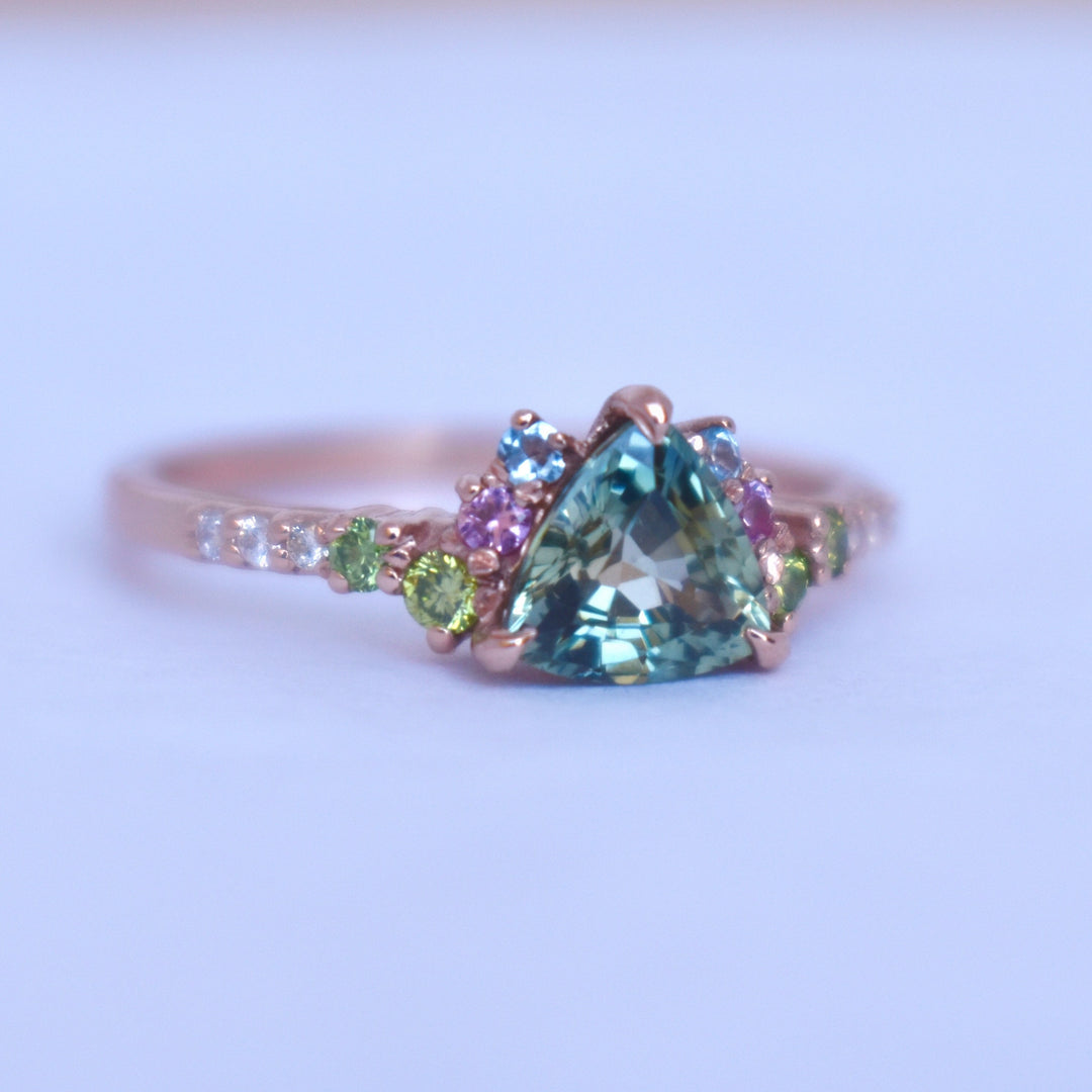 Trillion Parti Color Sapphire Cluster Engagement Ring w/ Apple Green Diamonds, Pink and Blue Sapphires 14K Rose Gold