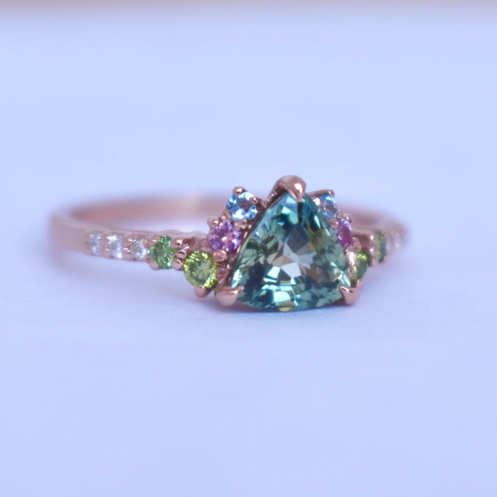 Trillion Parti Color Sapphire Cluster Engagement Ring w/ Apple Green Diamonds, Pink and Blue Sapphires 14K Rose Gold