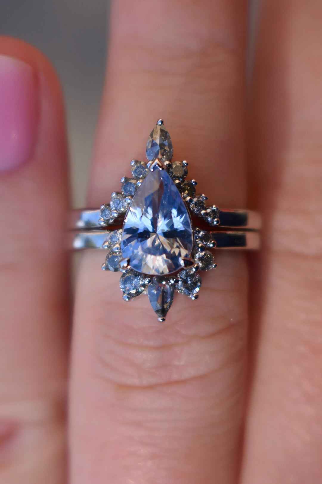 Pastel Blue Sapphire Ring w/ Salt&Pepper Diamonds 14K White Gold