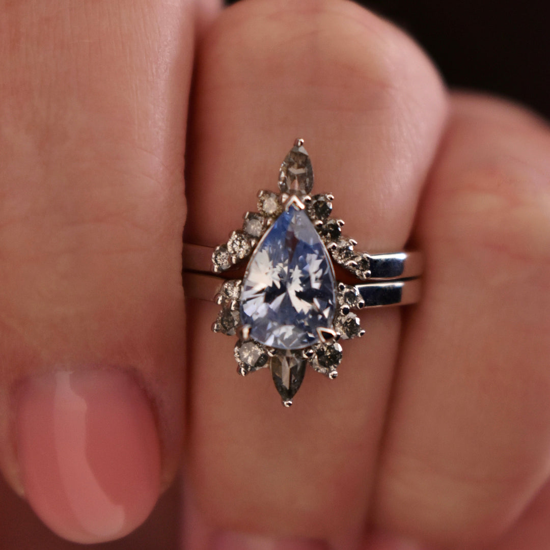 Pastel Blue Sapphire Ring w/ Salt&Pepper Diamonds 14K White Gold