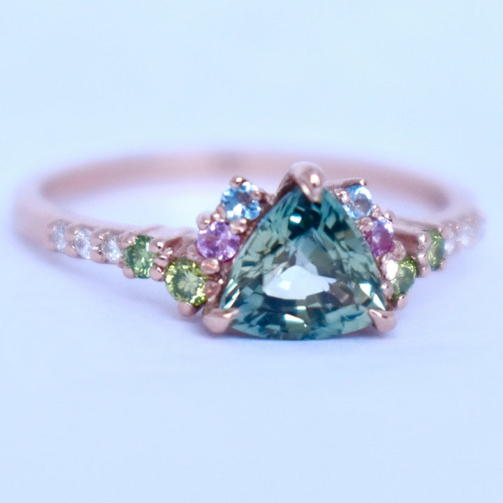 Trillion Parti Color Sapphire Cluster Engagement Ring w/ Apple Green Diamonds, Pink and Blue Sapphires 14K Rose Gold